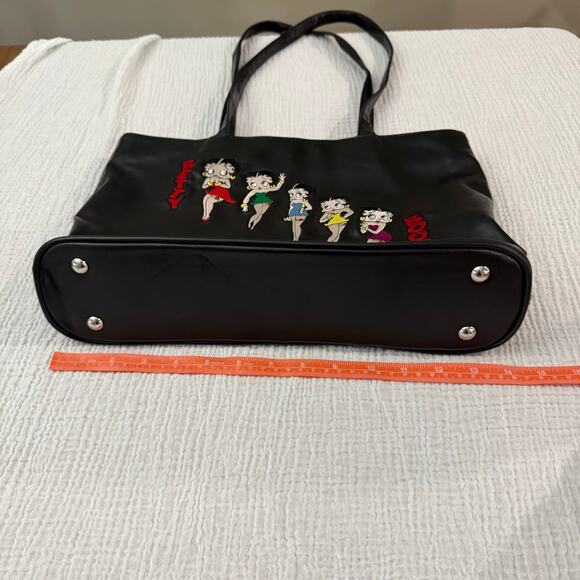 Betty Boop Shoulder Bag Tote Black Embroidered Double Handle Zip Closure - Picture 9 of 16